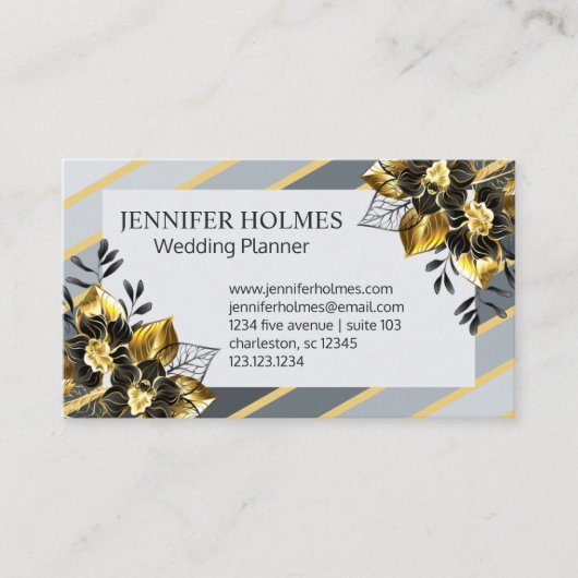 シックゴールデンブラックオーキッドフローラ金ゴールドグレイストライプズ 名刺 (正面)