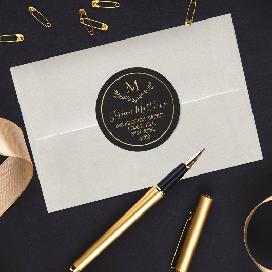 シックゴールドフォイルリースモノグラム差出人住所 ラウンドシール