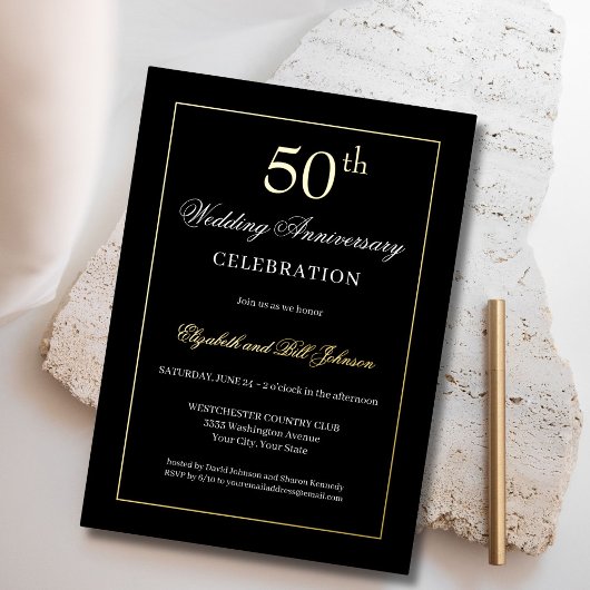 シックゴールドホイルとブラックの結婚50周年記念 箔招待状