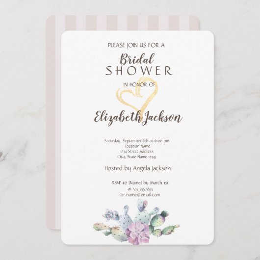 シックサボス金ゴールドグリッターハートブライダルシャワー 招待状 (正面/裏面)