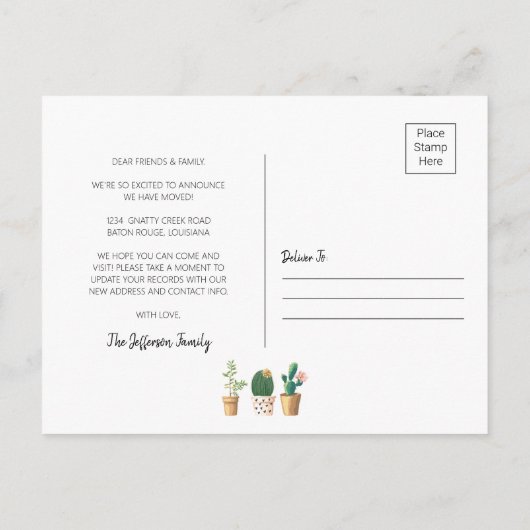 シックサボテンが植えられ、新しい根が動く 案内ポストカード (裏面)