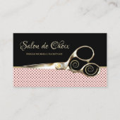シックサロンピンクとブラック水玉模様金ゴールドはさみ 名刺 (正面)