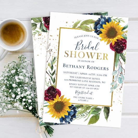 シックサンフラワーフローラ金ゴールドグリッターブライダルシャワー 招待状