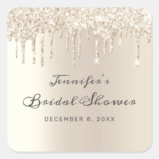 シックシャンパンドリッピンググリッターブライダルシャワー スクエアシール (正面)