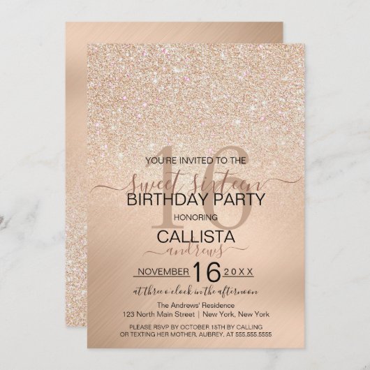 シックシャンパン金ゴールドグリッターメタリックスイーツ16 招待状 (正面/裏面)