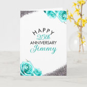 シックシルバーグリッターティール(緑がかった色)バラ夫の記念日 カード (黄色い花)