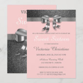 シックシルバーグリッター誕生日招待状 招待状 (正面/裏面)