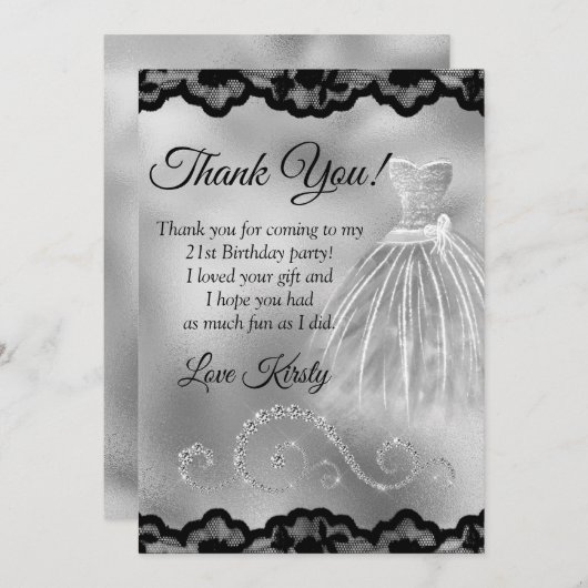 シックシルバーフォイルダイヤモンドアニーエイジ誕生日 サンキューカード (正面/裏面)