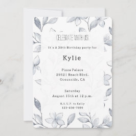 シックシルバーホワイトフローラ誕生日 招待状