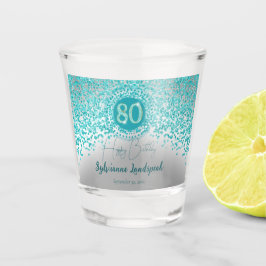 シックシルバー&ティール（緑がかった色）ブルーグリッター80th誕生日ギフト ショットグラス