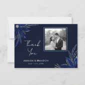 シックシルバー&ネイビーブルーフローラ結婚ズ サンキューカード (正面)