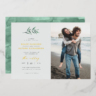 シックシンプルなブルー&グリーンブランチ結婚の写真 箔招待状