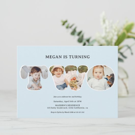 シックシンプルなライトブルー3枚2回目の誕生日 招待状 (スタンド正面)