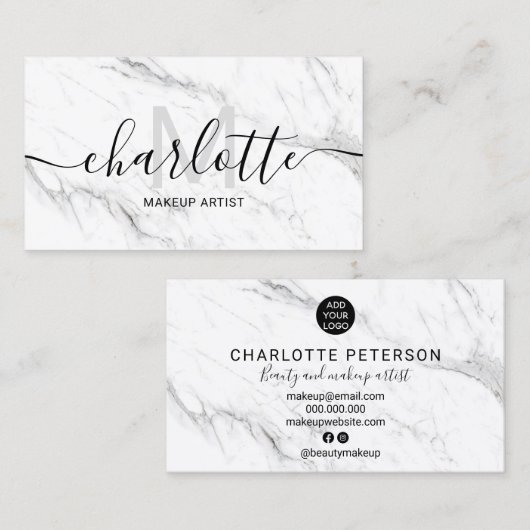 シックシンプルな白い大理石の名前メイクアップロゴ 名刺 (正面/裏面)