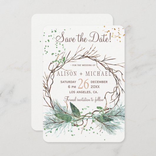 シックシンプルな素朴な冬のリース救デート結婚ズ セーブザデート (正面/裏面)