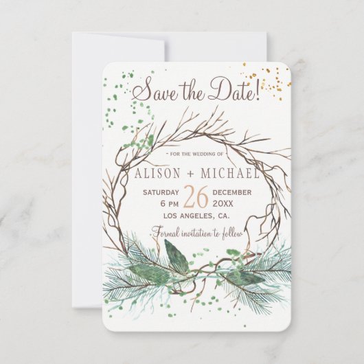 シックシンプルな素朴な冬のリース救デート結婚ズ セーブザデート (正面)