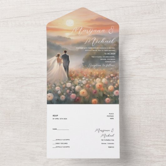 シックシンプルな花の日の出結婚の季節 オールインワン招待状 (内側)