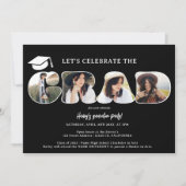 シックシンプルな黒3枚の写真スクリプトの卒業 招待状 (正面)