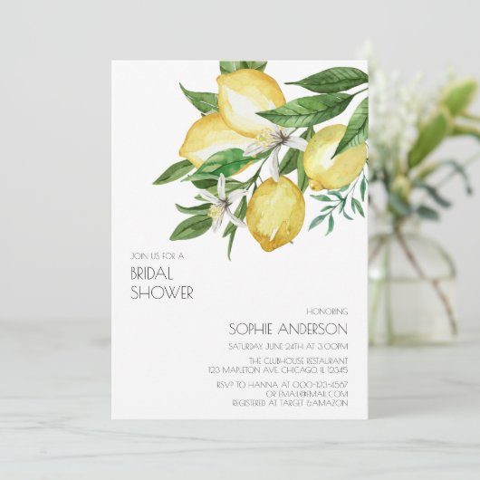 シックシンプルウォーターカラーレモンシトラスブライダルシャワー 招待状 (スタンド正面)