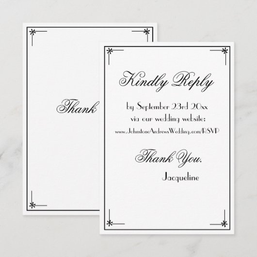 シックシンプルスクリプトエレガントなウェディングサイトRSVP エンクロージャーカード (正面/裏面)