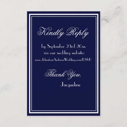 シックシンプルスクリプ結婚トのウェブサイトRSVPネイビーブルー エンクロージャーカード (正面)