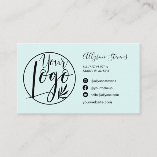 シックシンプルティール（緑がかった色）ヘアメイクアップフォトロゴqrコード 名刺 (正面)