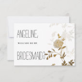 シックシンプルホワイト金ゴールドグリッターフローラブライデスメイド 招待状 (正面)