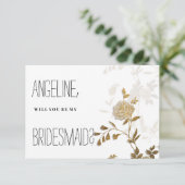 シックシンプルホワイト金ゴールドグリッターフローラブライデスメイド 招待状 (スタンド正面)