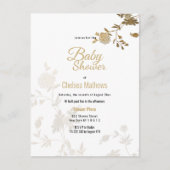 シックシンプルホワイト金ゴールドグリッターフローラベビーシャワー インビテーションポストカード (正面)