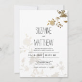 シックシンプルホワイト金ゴールドグリッター結婚フローラ 招待状 (正面)