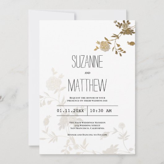 シックシンプルホワイト金ゴールドグリッター結婚フローラ 招待状 (正面)