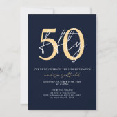 シックシンプルミニマリストブルー金ゴールド50誕生日 招待状 (正面)