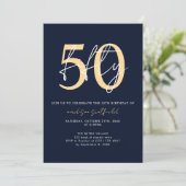 シックシンプルミニマリストブルー金ゴールド50誕生日 招待状 (スタンド正面)