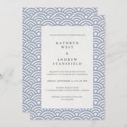 シックシンプル日本のシーガイハウェーブビーチ結婚式 招待状 (正面/裏面)