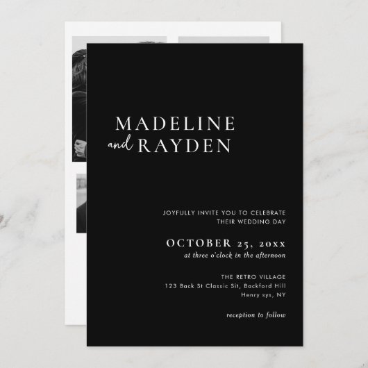 シックシンプル白黒フォトコラージュ結婚ズ 招待状 (正面/裏面)
