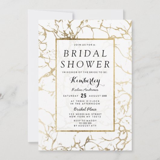 シックシンプル金ゴールドフェイクホワイトマーブルブライダルシャワー 招待状 (正面)