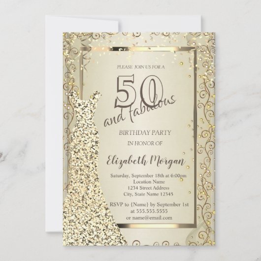 シックシークンズドレス金ゴールド50th誕生日 招待状 (正面)