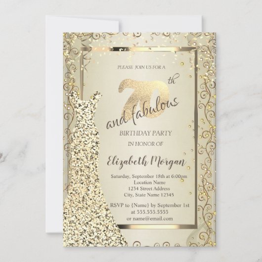 シックシークンズドレス金ゴールド70th誕生日 招待状 (正面)