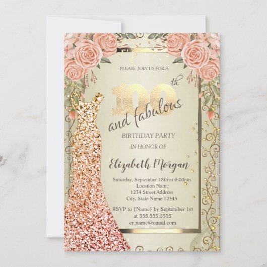 シックシーシンドレスバラ金ゴールド100th誕生日 招待状 (正面)