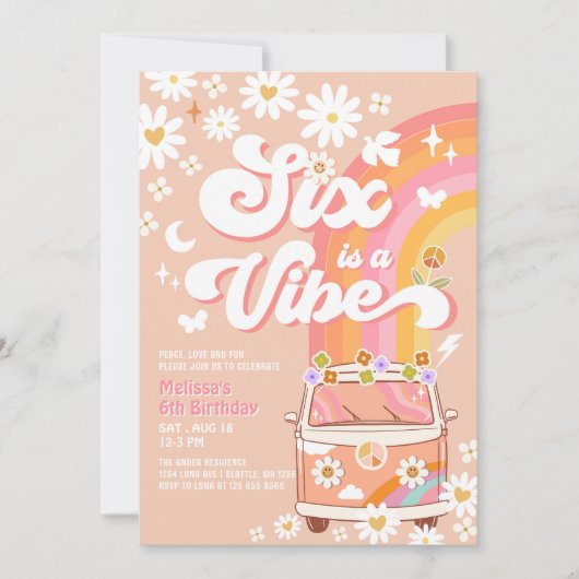 シックスアイビーガールピンクピーチデイジー6位誕生日 招待状 (正面)