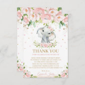 シックスイートエレファントピンクフローラベビーシャワー サンキューカード (正面/裏面)