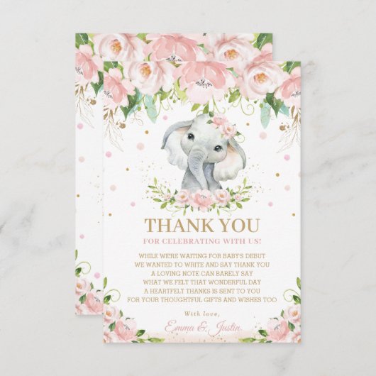 シックスイートエレファントピンクフローラベビーシャワー サンキューカード (正面/裏面)