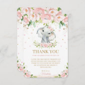 シックスイートエレファント赤面ピンクフローラ1歳の誕生日 サンキューカード (正面/裏面)