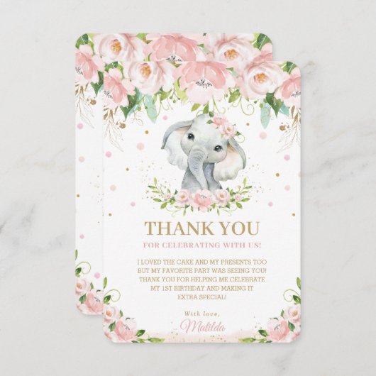 シックスイートエレファント赤面ピンクフローラ1歳の誕生日 サンキューカード (正面/裏面)