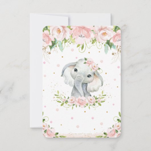 シックスイートエレファント赤面ピンクフローラ1歳の誕生日 サンキューカード (裏面)