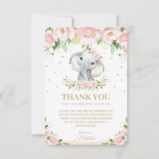 シックスイートエレファント赤面ピンクフローラ1歳の誕生日 サンキューカード (正面)