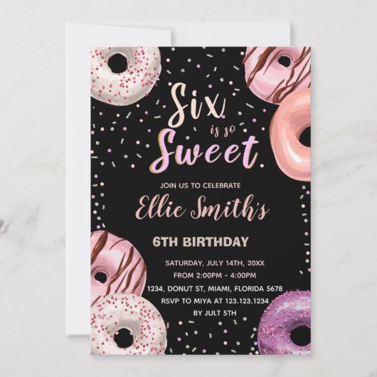 シックススイートブラックピンクドーナツ誕生日招待状 招待状 (正面)