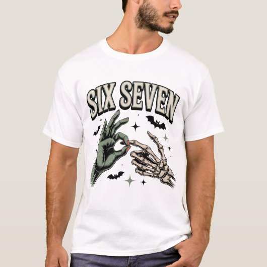 シックスセブン 6 7 ミーム おもしろい 魔女 スケルトン 手 Tシャツ (正面)