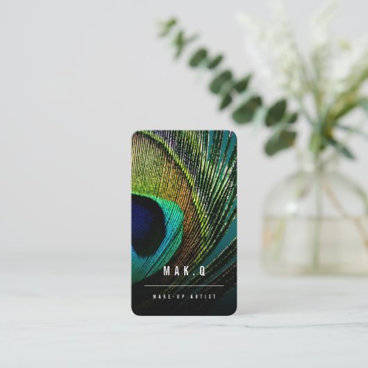 シックスタイリッシュな孔雀の羽毛フォトメイクアップアーティスト 名刺 (スタンド正面)
