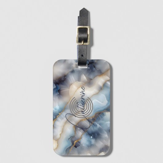 シックスタイリッシュな渦巻きブルーと金ゴールド大理石瑪瑙 ラゲッジタグ (正面縦)